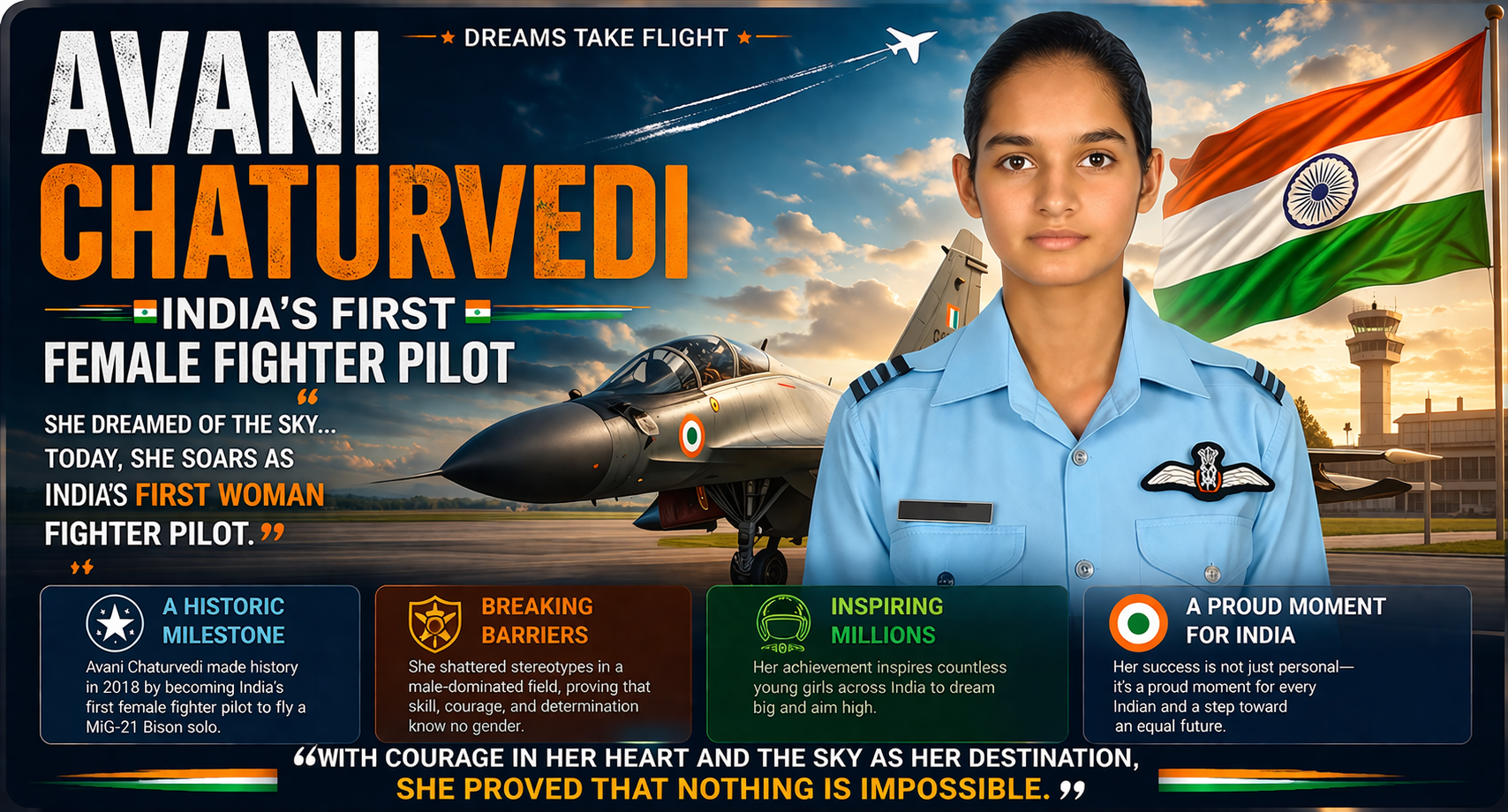 അവനി ചതുര്‍വേദി  ഇന്ത്യയുടെ ആദ്യ വനിതാ ഫൈറ്റർ പൈലറ്റ്